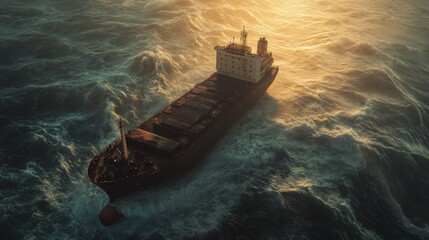Cargo Ship Braving a Stormy Sea at Sunset