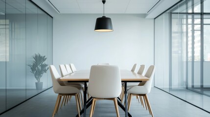 Modern conference room with a clean white color scheme, glass walls, a wooden table, and stylish upholstered chairs, creating a professional and elegant workspace