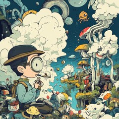 Creative boy exploring a fantastical world filled with whimsical mushrooms and floating creatures. Generative AI