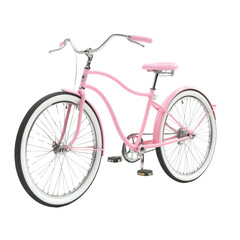 stylish pink bicycle with white tires, perfect for leisurely rides. This vintage inspired bike features comfortable seat and classic design, ideal for casual outings