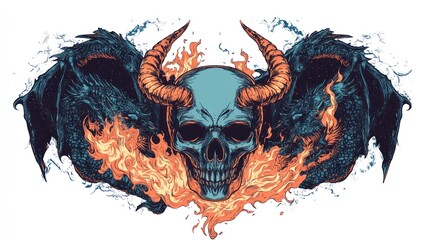 Fiery skull flanked by dragons; fantasy art, t-shirt design