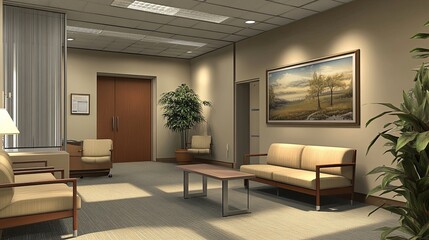 A modern waiting room in a law office with subtle decor and neutral tones. digital