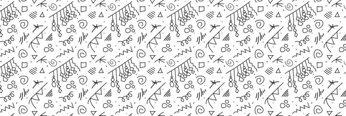 Doodle geometric seamless pattern. Abstract background in retro style with various shapes: circles, semicircles, dots, zigzags, spirals, wavy lines. Vector Memphis design.