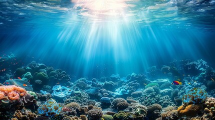 Naklejka premium Clownfish gracefully swimming over colorful coral reef in clear turquoise waters and bright light