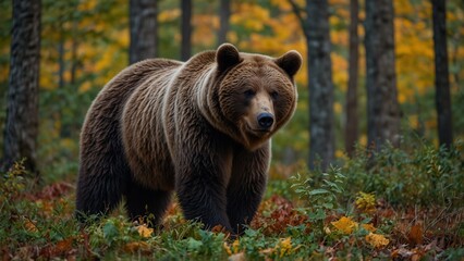Fototapeta premium Majestic Brown Bear with Powerful Stance in Autumn Forest