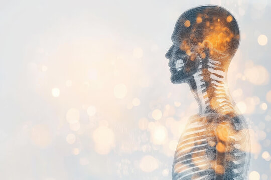 Futuristic 3D medical illustration of human skeleton with glowing brain activity and neural connections