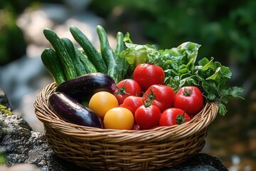Fresh Vibrant Vegetables in a Woven Basket Under Soft Natural Sunlight