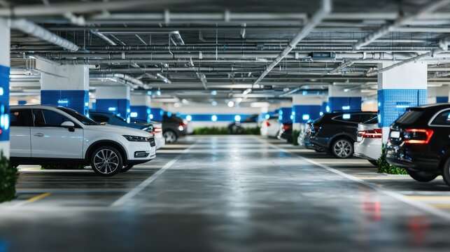Empty modern parking garage interior, cars parked