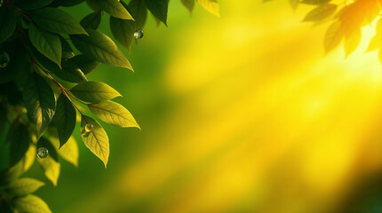 Fresh green leaves with dew drops in golden sunlight background