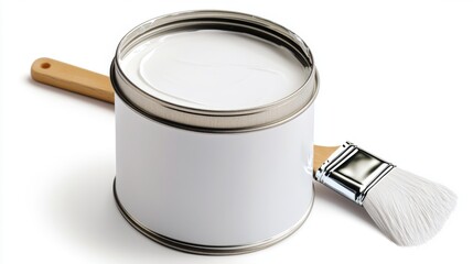 A can of white paint and a brush ready for the next project. Perfect for artistic endeavors and home renovations. Transform spaces with a fresh coat of paint. Generative AI