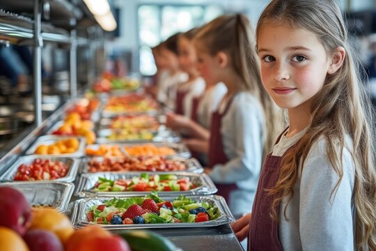 Children Lining Up for Lunch in the Cafeteria with Friends and Colorful Food Trays
