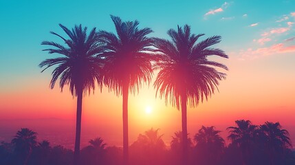 Obraz premium Tropical sunset silhouette palms, hazy horizon, travel poster
