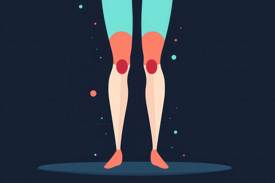 Flat vector illustration of legs with highlighted red knee joints indicating pain or inflammation