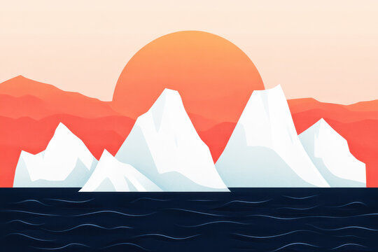 Modern digital illustration of icebergs in the ocean with a large setting sun in the background