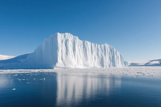 Giant iceberg in calm Arctic waters with clear blue sky, pristine polar landscape
