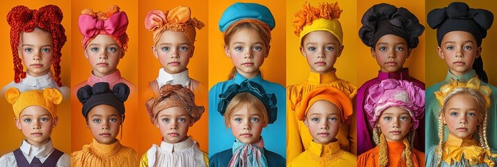 Colorful Portrait of Children in Various Occupations Costumes with Bright Pastel Backgrounds