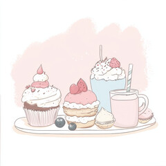 a simple drawing of different desserts on a cafe, in pink, white, blue colors, neutral colors kawaii style, neutral colors ,white background and has a white outline around