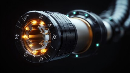 Futuristic Electric Wire Cable Structure with Metallic Components on Black Background