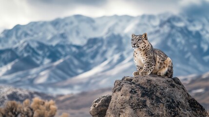 Obraz premium Snow leopard perched on a rocky outcrop with majestic mountains in the background