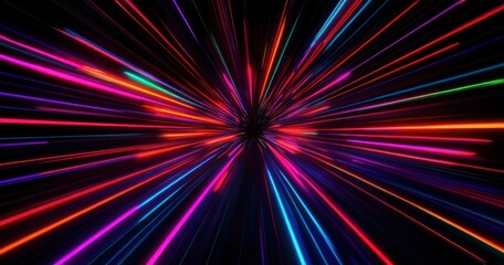 Neon Laser Beams Abstract Explosion of Colorful Light in Dark Background with Radial Composition and Luminous Effects