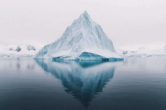 Massive Arctic iceberg floating in calm waters with a perfect mirror reflection