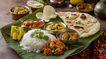 A photo of a traditional Indian thali meal served on a banana leaf. The meal includes rice, a variety of curries, vegetables, and a portion of naan bread. There are also various side dishes, such as p