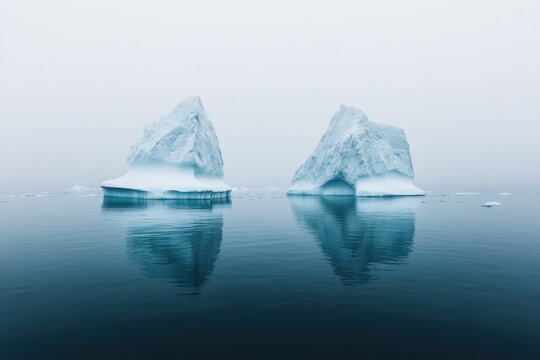Two Icebergs Floating in Arctic Waters with Reflection