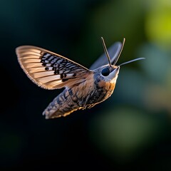 Hawk moth in flight, garden background, nature photography