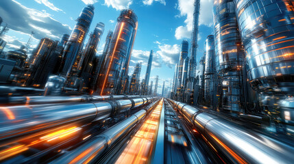 Fototapeta premium Energy Reuse and Renewable Energy，a high-tech renewable energy recovery system, seamlessly integrating with towering wind turbines and expansive solar panels in the distance. this advanced setup repre