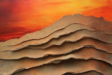 Abstract textured artwork depicting layered, undulating forms resembling sand dunes under an orange sunset.