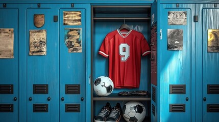 Soccer Equipment in Open School Locker with Jersey, Football and Cleats