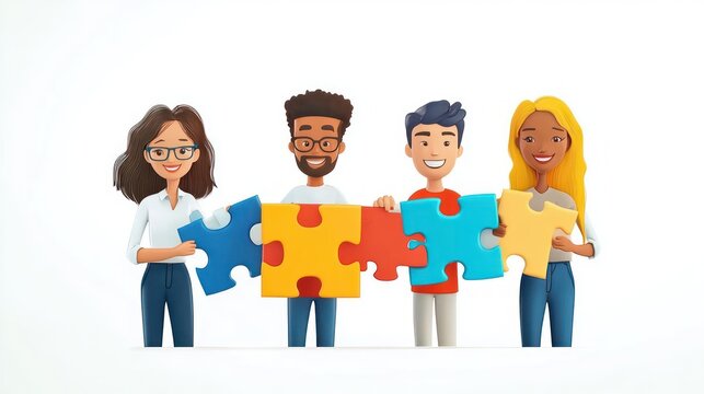 Teamwork and Collaboration with Diverse Characters Holding Puzzle Pieces
