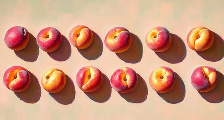 Fresh Ripe Whole and Sliced Peaches Arranged in a Colorful Pattern with Sunlight