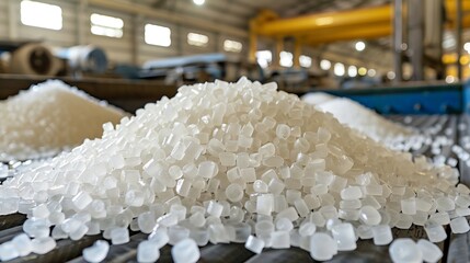 Obraz premium White plastic granules on conveyor belt in manufacturing industry for polymer production