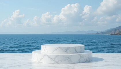 serene ocean view with marble display platforms, perfect for showcasing products