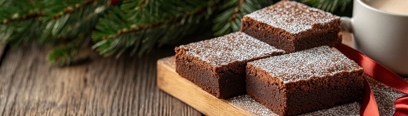 Homemade chocolate brownie slices on wooden board with festive pine branches and coffee cup for Christmas theme