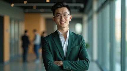 Ambitious Young Chinese Entrepreneur in Dark Green Suit