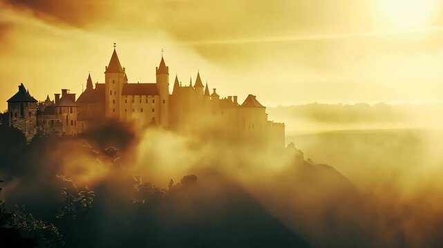 Majestic castle emerges from mist during golden hour in a breathtaking landscape. Generative AI
