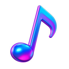 A futuristic 3D-rendered music note icon, glowing slightly with a neon gradient effect. The note