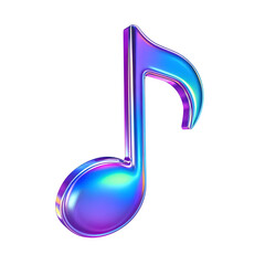 A futuristic 3D-rendered music note icon, glowing slightly with a neon gradient effect. The note