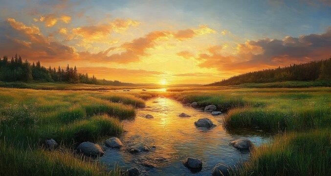 Tranquil sunset landscape with serene river lush grass vibrant colors and soft light reflecting golden hues - Powered by Adobe