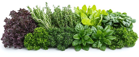 Fresh herbs assortment, studio shot, white background, cooking ingredient