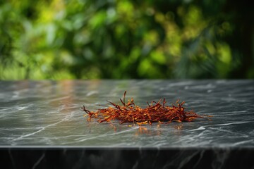 A small pile of saffron threads rests on a dark marble surface, blurred green background.