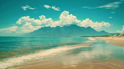 Obraz premium Scenic coastal view featuring majestic mountains, calm ocean, and clear blue sky over sandy beach