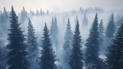 Misty Winter Forest Of Tall Evergreen Trees