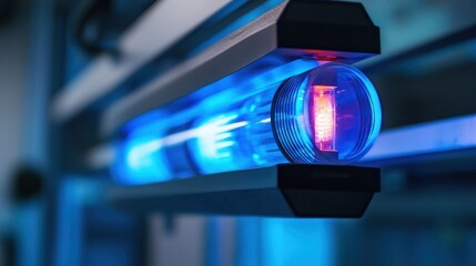 Close-up of a glowing UV sterilization lamp.