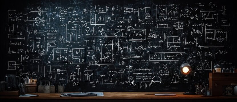 Blackboard Filled with Scientific Formulas, Physics Equations, Mathematics Calculations, Electrical Circuits Art