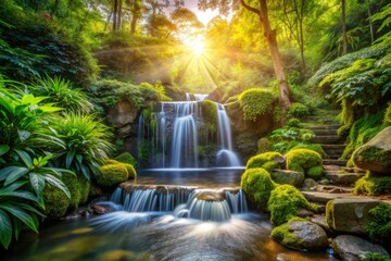 Naklejka premium Lush greenery frames a serene waterfall. Vintage photo captures tranquil nature's flowing beauty.