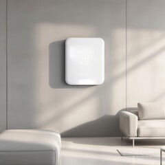 Minimalist Smart Home. Clean white smart thermostat displaying 73° on gray wall in modern monochromatic living room interior.