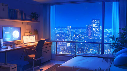 Luxury Anime Bedroom Interior Illustration with Comfortable Furniture and Modern Design Elements